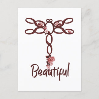 Red Floral "Beautiful" Dragonfly Design Postcard