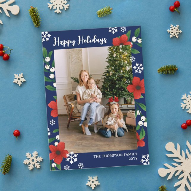 Red Floral Berries Snowflakes Happy Holidays Photo Holiday Card (Creator Uploaded)