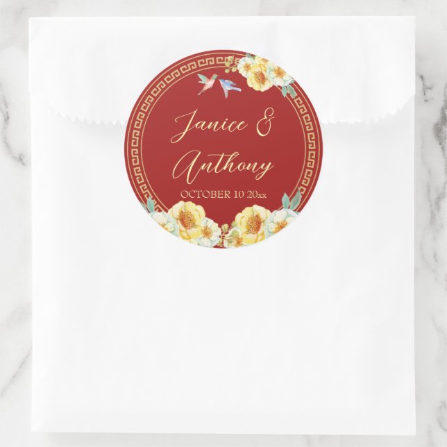 Red floral birds Chinese wedding  Classic Round Sticker (Bag)