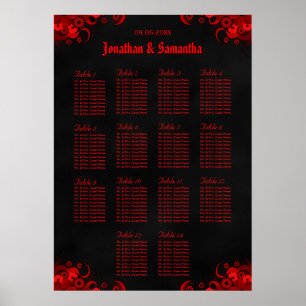 Red Floral & Black 14 Wedding Tables Seating Chart