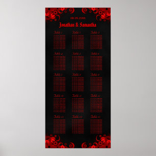 Red Floral & Black 15 Wedding Tables Seating Chart