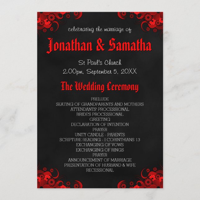 Red Floral Black Chalkboard Gothic Wedding Program Programme (Front)
