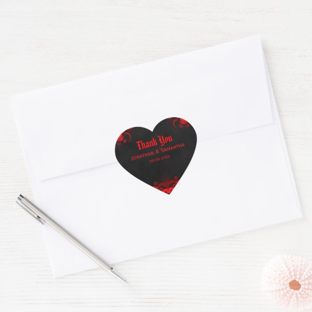 Red Floral Black Goth Heart Wedding Favour Sticker (Envelope)