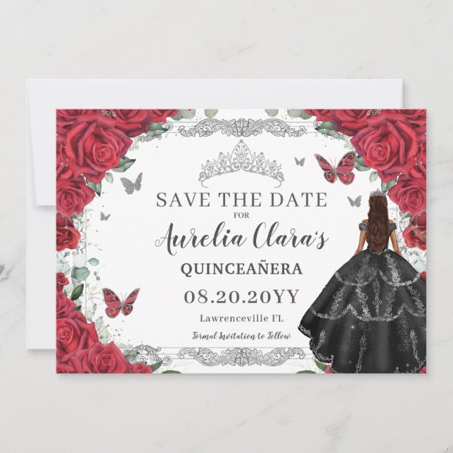 Red Floral Black Gown Quinceanera Sweet Sixteen  Save The Date (Front)