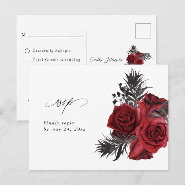 Red Floral & Black no Meal RSVP Postcard (Front/Back)
