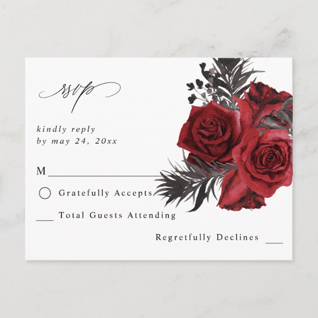 Red Floral & Black no Meal RSVP Postcard (Front)