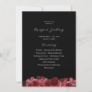 Red Floral & Black Wedding Ceremony Program -Black Invitation