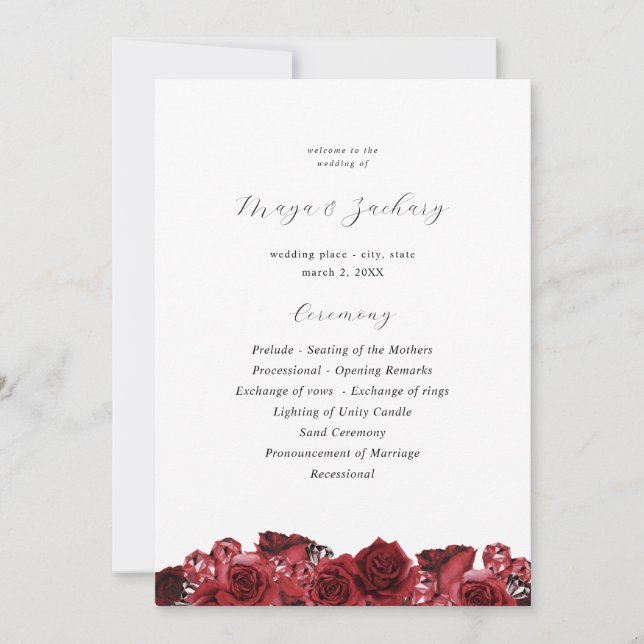 Red Floral & Black Wedding Ceremony Program Invitation (Front)