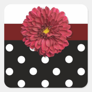 Red floral black white polka dot girly square sticker