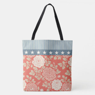 Red Floral Block Print w Blue Stripes and Stars Tote Bag