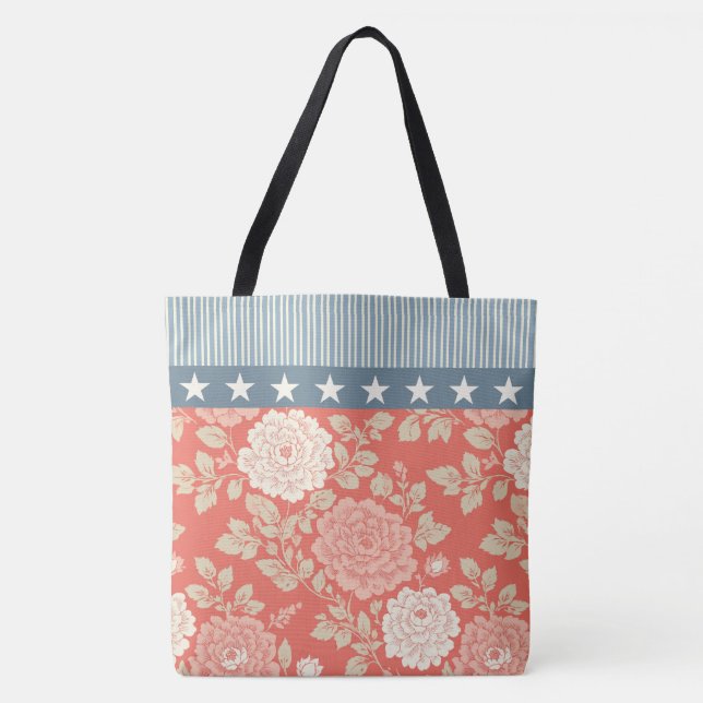 Red Floral Block Print w Blue Stripes and Stars Tote Bag (Front)