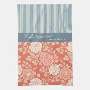 Red Floral Block Print w Blue Stripes Tea Towel