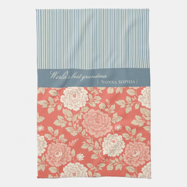 Red Floral Block Print w Blue Stripes Tea Towel (Vertical)