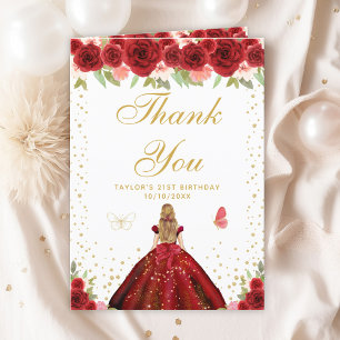 Red Floral Blonde Hair Girl Birthday Party Thank You Card