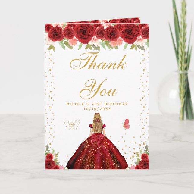 Red Floral Blonde Hair Girl Birthday Thank You Card (Front)
