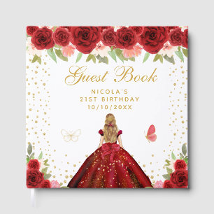 Red Floral Blonde Hair Princess Birthday Party Guest Book