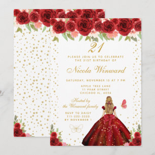 Red Floral Blonde Hair Princess Birthday Party Invitation