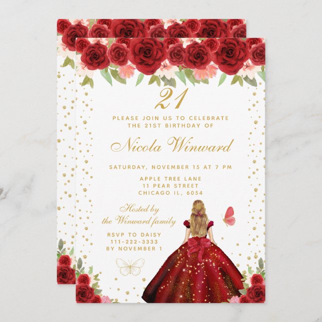 Red Floral Blonde Hair Princess Birthday Party Invitation (Front/Back)
