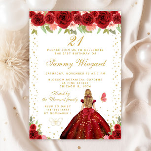 Red Floral Blonde Hair Princess Birthday Party Invitation