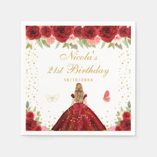 Red Floral Blonde Hair Princess Birthday Party Napkin