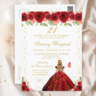Red Floral Blonde Hair Princess Birthday Party Postcard