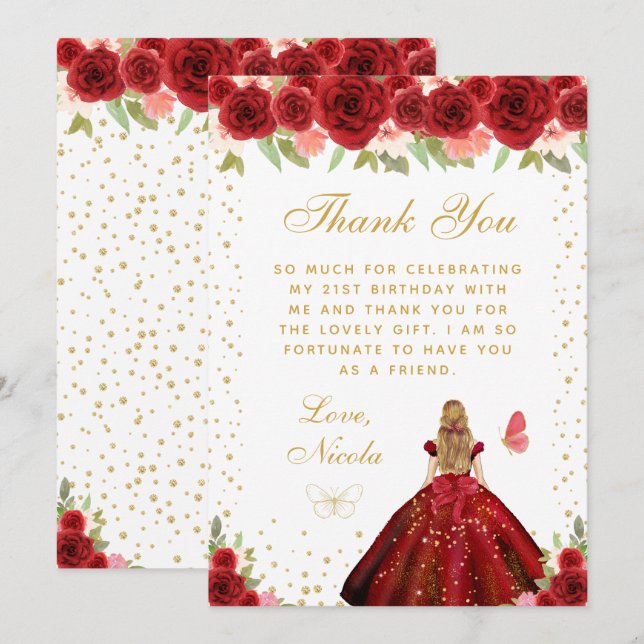 Red Floral Blonde Hair Princess Birthday Party Thank You Card (Front/Back)