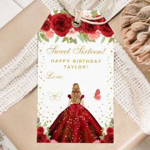 Red Floral Blonde Hair Princess Sweet Sixteen Gift Tags