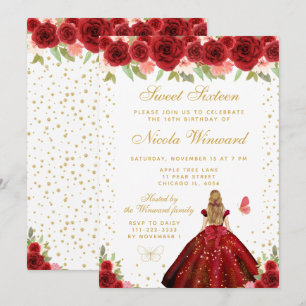 Red Floral Blonde Hair Princess Sweet Sixteen Invitation