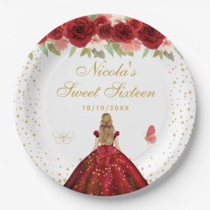 Red Floral Blonde Hair Princess Sweet Sixteen Paper Plate