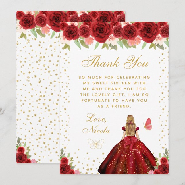 Red Floral Blonde Hair Princess Sweet Sixteen Thank You Card (Front/Back)