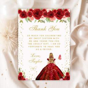 Red Floral Blonde Hair Princess Sweet Sixteen Thank You Card