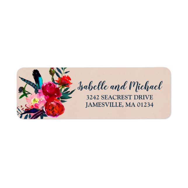 Red Floral & Blue Feathers Return Address Labels (Front)