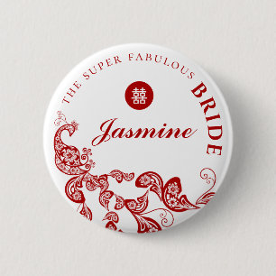 Red Floral Boho Chic Peacock Asian Wedding Party 6 Cm Round Badge
