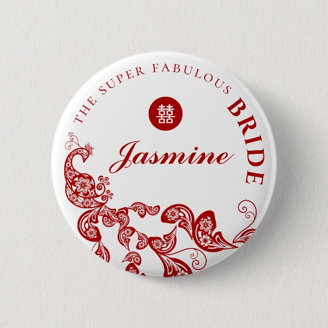 Red Floral Boho Chic Peacock Asian Wedding Party 6 Cm Round Badge (Front)