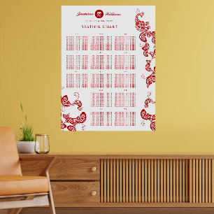 Red Floral Boho Peacock 囍 Wedding Seating Chart
