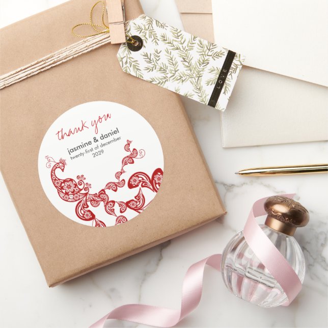 Red Floral Boho Peacock Eastern Chic Asian Wedding Classic Round Sticker (Gifting)