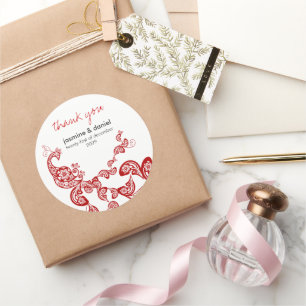 Red Floral Boho Peacock Eastern Chic Asian Wedding Classic Round Sticker