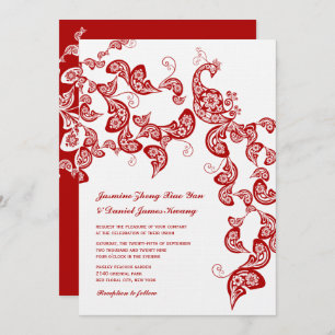 Red Floral Boho Peacock Eastern Chic Asian Wedding Invitation