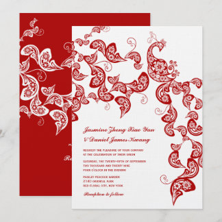 Red Floral Boho Peacock Eastern Chic Asian Wedding Invitation