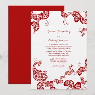 Red Floral Boho Peacock Eastern Chic Asian Wedding Invitation