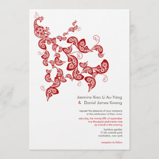 Red Floral Boho Peacock Eastern Chic Asian Wedding Invitation