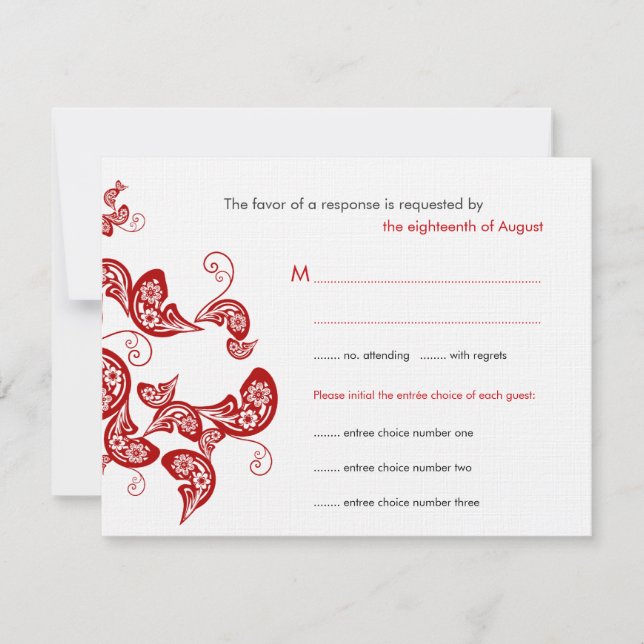 Red Floral Boho Peacock Eastern Chic Asian Wedding RSVP Card (Front)