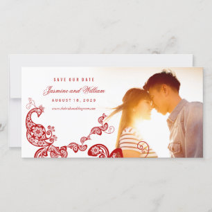 Red Floral Boho Peacock Eastern Chic Asian Wedding Save The Date
