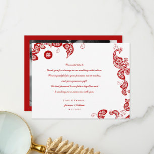 Red Floral Boho Peacock Eastern Chic Asian Wedding Thank You Card