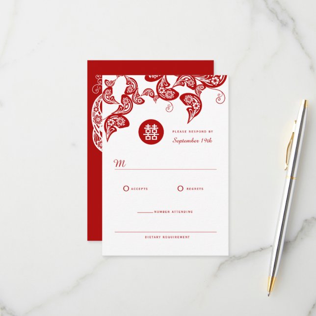 Red Floral Boho Peacock Elegant Chinese Wedding RSVP Card (Front/Back In Situ)