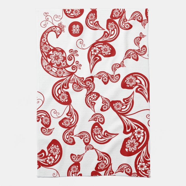 Red Floral Boho Peacock Elegant Eastern Chic Asian Tea Towel (Vertical)