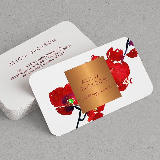 Red floral branch glam copper chic wedding planner business card (With ROUNDED CORNERS option)