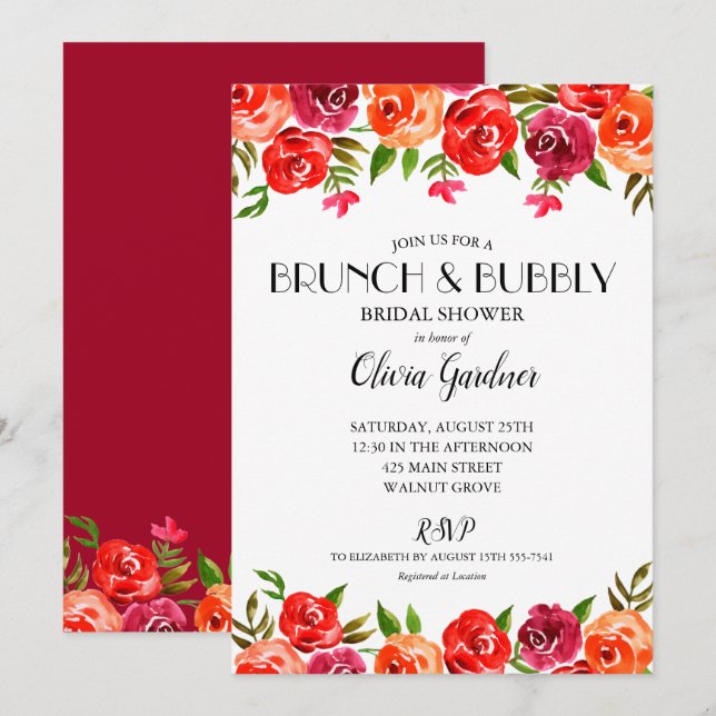 Red Floral Brunch Bubbly Bridal Shower Invitation (Front/Back)