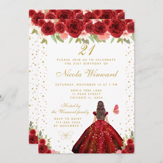 Red Floral Brunette Hair Princess Birthday Party Invitation (Front/Back)