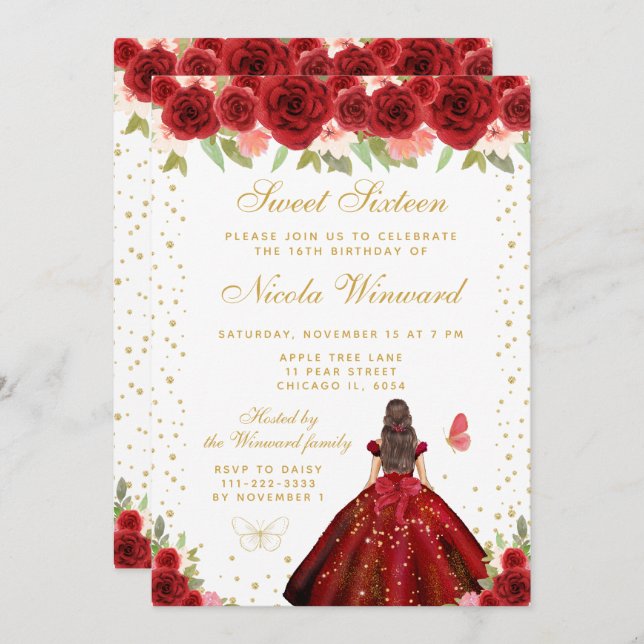Red Floral Brunette Hair Princess Sweet Sixteen Invitation (Front/Back)